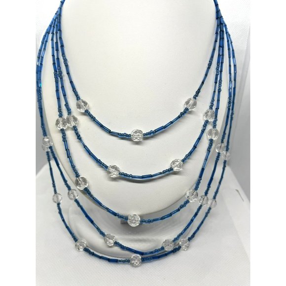 Clear Faceted Crystal & Blue Glass Bugle Beads Multi Layer Silver Tone Necklace‎ - Picture 8 of 10